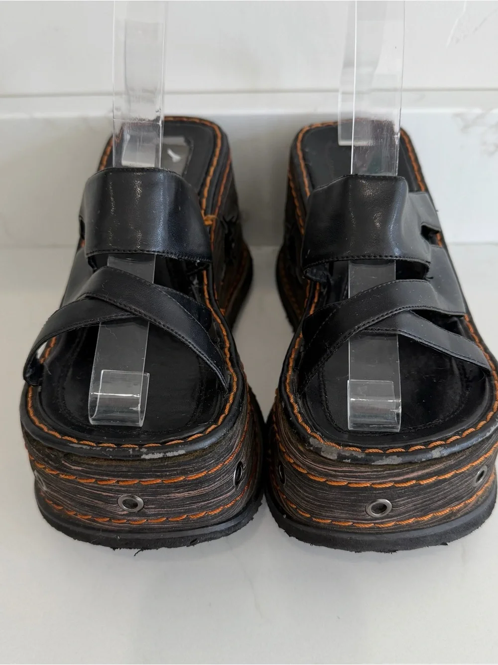 Vintage Jane C Chunky Wedge Sandals Gothic 90s Y2K Black Foam Faux Leather